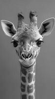 Giraffe against a monochrome background showcasing unique facial features and striking eyes photo
