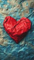 Crumpled red heart shape on textured blue and brown background showcases artistic expression and emotion photo
