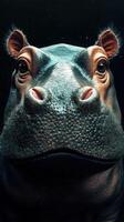 Detailed close-up view of a hippo showcasing its distinct facial features and textures in a low-light setting photo
