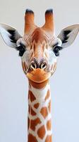 Giraffe stands gracefully against a plain background showcasing its distinctive features in a close-up view photo
