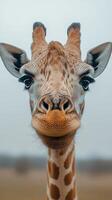 Giraffe close-up showcasing unique facial features in a natural environment during overcast weather photo