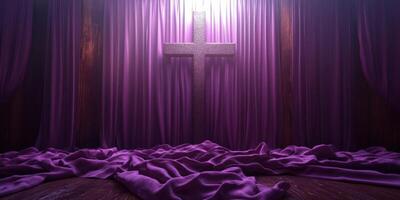 Elegant presentation of a cross draped in purple fabric illuminated by soft light in a serene setting photo