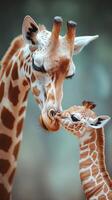 Giraffe mother and calf bond with gentle nuzzle in a serene natural setting during daytime photo