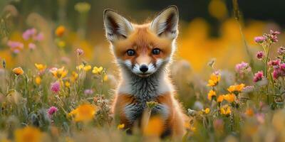 Fox stands amidst vibrant wildflowers during golden hour in a serene meadow photo