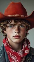 Young cowboy with freckles wearing a red bandana and orange hat indoors in a rustic setting during daylight photo