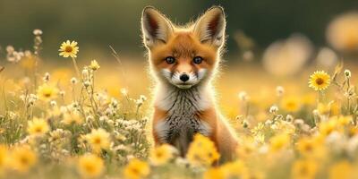 Fox sitting among vibrant wildflowers during golden hour in a picturesque meadow photo