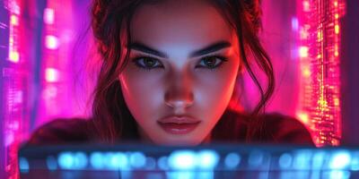 Young woman focused on computer screen, surrounded by vibrant lights in a modern setting at night photo