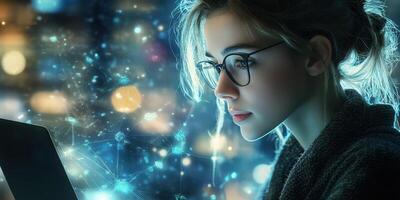 Focused individual engages with a digital device amidst a glowing, abstract background in an urban environment photo