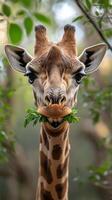 Giraffe enjoying a leafy snack in a lush natural setting surrounded by greenery during daylight photo
