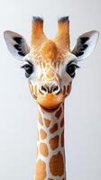 Giraffe portrait showcasing elegant features and distinctive markings in a studio setting photo
