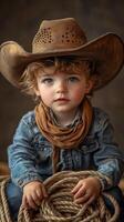 Young child dressed as a cowboy poses with ropes in a rustic setting, embodying the spirit of the West during golden hour lighting photo