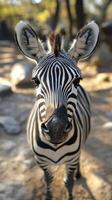 Close encounter with a curious zebra in a wildlife reserve during a sunny afternoon photo