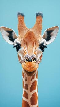 Giraffe with striking features against a clear blue background in an artistic portrait photo