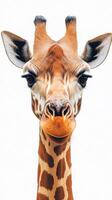 Giraffe with distinctive facial features against a plain background looks directly at the viewer highlighting its unique charm photo