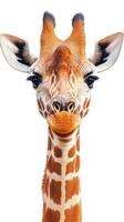 Giraffe standing majestically with a friendly expression against a white background in a nature setting photo