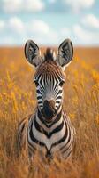 Zebra calf resting in a sunlit field surrounded by golden grass on a clear day photo