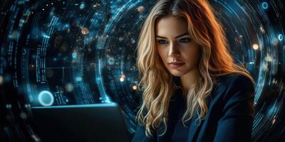 Woman focused on work with digital interface elements in a futuristic setting photo
