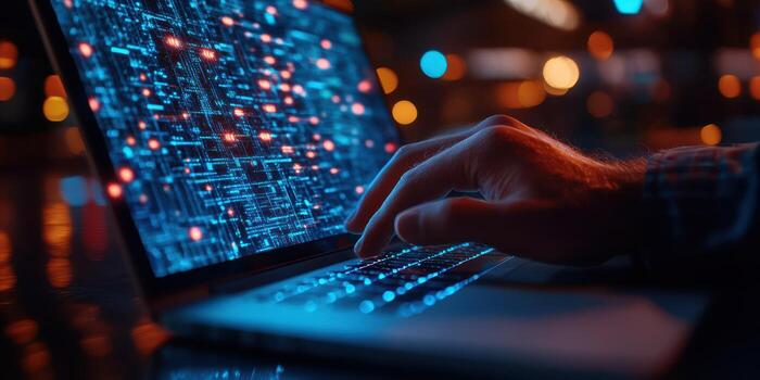 Bright circuit board patterns illuminate a laptop during late-night coding session photo