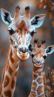 Giraffe mother and calf in a vibrant woodland setting during the golden hour showcasing strong family bonds photo