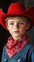Young cowboy in a red hat and bandana poses confidently in a rustic setting during golden hour photo