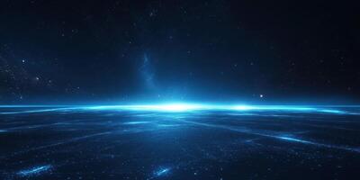 Cosmic horizon reveals glowing blue light in expansive universe during serene night photo