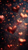 Romantic hearts floating in a whimsical atmosphere filled with glowing particles at night photo