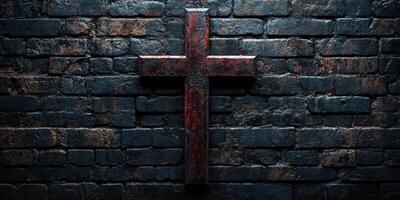 Cross mounted on a worn, dark brick wall giving a rugged, solemn atmosphere at dusk photo