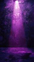 Vibrant purple light illuminates a textured wall in a dark, atmospheric setting photo