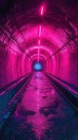 Bright pink lights illuminate a tunnel with reflections on wet surfaces creating an intriguing visual experience at night photo