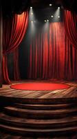 Red velvet curtains frame a dramatic stage with spotlight and wooden flooring ready for a performance photo