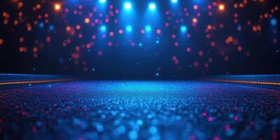 Dynamic stage setup with colorful lighting effects in a performance venue during night event photo