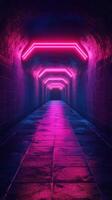 Neon lights illuminate an empty underground tunnel creating a vibrant atmosphere at night photo