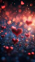 Floating hearts create a mesmerizing atmosphere filled with glowing lights and sparkles, perfect for celebrating love and affection photo