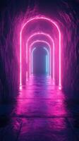 Vibrant neon-lit tunnel creates an enchanting atmosphere in an underground cavern photo