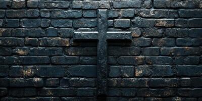 Cross mounted on a textured dark brick wall creates a solemn atmosphere in a spiritual space photo