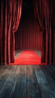Red carpet leading to a dramatic stage entrance with velvet curtains in a theatrical setting photo