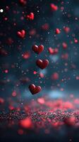 Creative display of floating glittering hearts in red and black colors for a romantic atmosphere photo
