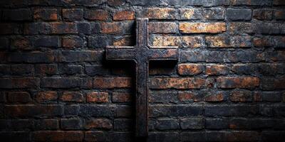 Rustic cross mounted on weathered brick wall in dim light showcasing textures and contrast photo