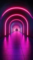 Colorful neon light tunnel creates a vibrant pathway in an urban setting at night photo