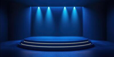 Bright blue stage illuminated by dramatic lighting in an empty performance space photo