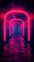 Vivid pink neon lights illuminate a mysterious underground tunnel at night photo