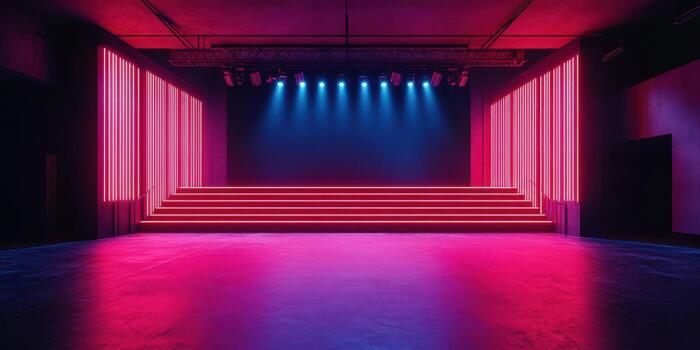 Colorful neon stage setup with illuminated steps and dramatic lighting for an evening event photo
