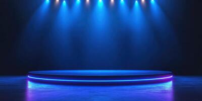Bright blue stage awaits performers in an empty theater during evening hours photo