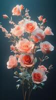 Delicate pink roses in a calm arrangement against a blue background photo