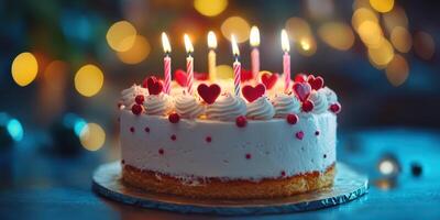 Delicious heart-themed birthday cake decorated with candles and colorful sprinkles at a festive celebration photo