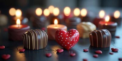 Heart-shaped red chocolate surrounded by assorted chocolates and candles on a dark surface for a romantic evening photo