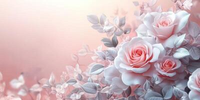 Delicate pink roses blossom amidst soft leaves in a serene garden setting during early morning light photo