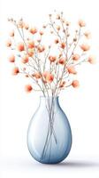 Delicate branches with soft orange flowers arranged in a light blue vase on a white background photo