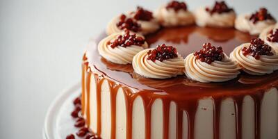 Delicious caramel cake with decorative frosting and toppings presented on a white platter photo