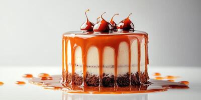 Decadent chocolate cake with caramel drizzle and cherries on top displayed on a bright surface photo